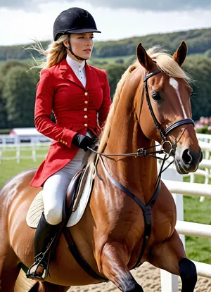 Super realistic image, full color image, 8K quality, super detail, masterpiece, London racecourse, show jumping, beautiful sexy girl with large breasts, long blonde hair braided into a thick plait, white breeches, black high boots, light riding helmet, red riding jacket unbuttoned at the chest, (one breast visible:1.4), ((riding a bay mare jumping over a barrier)), front view