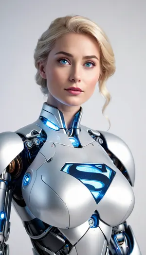 (Elsa of Arendelle hybrid Superman), white background, full body view, (fully robotic body, robotic cheek, glowing robotic eyes, huge robotic tits:1.3)
