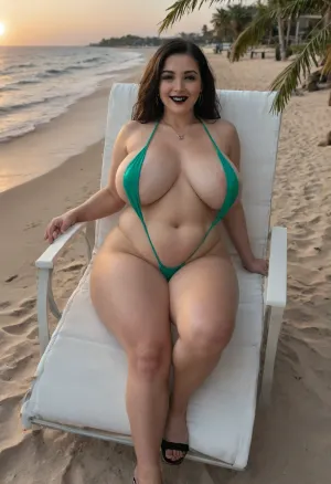 35 years Old sexy, neon Green slingshot Bikini, neon Green slingshot swimsuit, sexy slingshot, lying on sun Lounger under Palm tree, sun lounger, lounger, Beach, Palm trees, evening, Sunset light, red Platform heels, mid aged Woman, massive saggy tits, caucasian, sexy german, plumper, Chubby, Big belly, black lipstick, Green eyes, pale skin, gothic, Long black hair, extreme Long hair, love handles, massive breasts, fat Ass, Eyeliner, bbw breasts, Amateur Photo, Amateur quality pic, solo Girl, one Woman, massive busty Goth, huge cleavage, oily Skin, saggy Natural Big tits, shiny oily skin, naughty smile, laughing, laugh Lines, sexy Make-up, Full Body Shot, with crossed legs, Full Body picture, whole body Shot, Natural Face, Natural aged skin, Perfect proportions, necklace, shiny Butt, wet Butt, soapy, wet hair, view from above, pocture from above