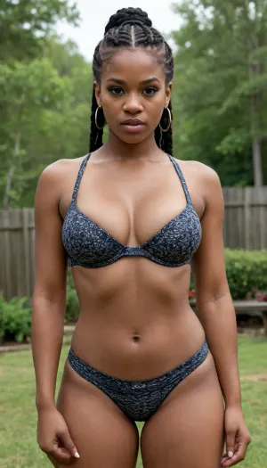 20 year old, mad, furious, angry, very mad, back yard, bikini, bra, pushup bra, large hoop earrings, (ultra, detailed), ((bra)), (((Masterpiece))), (((realistic)), Masterpiece, (highest, quality), ((photorealistic, 1.2)), sexy, 22, year, dark, skinned, African-American, woman, hair, thick, lips, small, tits, big, hips, bottomheavy, braided, side, a, cup, breast, size)