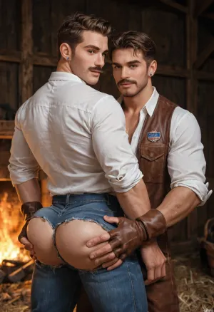 2 sexy brothers, 30-years-old, brown hair, short wavy haircut, thick brown mustache, (thick mustache:1.1), abs, sexy lean body, handsome face man, nice jawline, clear green eyes, big lips, (big lips:1.2), sexy brothers, short hairy body, sexy attitude, wearing torn ripped tight denim pants, short denim jacket, unbuttoned shirt, brown leather gloves, round bubblebutt, (big ass:1.5), bulge pants, (bulge:1.3), stands in old barn, hugging each other, grabs butt, (grabbing ass:1.4), night, dark lights, low lighting, torchfire on wall, hot men, sexy men, teasing the viewer, hot gay men, couple picture, hot gay brothers, only gay picture, no women, (gay:1.6), super hot brothers gays