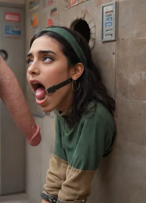 (glory wall:1.2), (bust and head sticking out hole with metal rim:1.5), (muslim turkish girl trapped in hole with metal rim:1.3), (dark green cashmere pullover:1.1), (wide mouth spreader ring gag:1.4), (from side), (leaning forward:1.4), (embarrassed, ashamed), (pleading expression), (vintage vending machine:1.3), (box is low mounted, close to floor), (score_9, score_8_up, score_7_up, UHD 8K, masterpiece, best quality, maximum details, natural light, extreme realism, cinematic still), (vending machine is hanging low:1.1), (she stares at man stroking his big penis in front of her face:1.6), (arms restrained with iron rings to the wall:1.2), (shackles around wrists), (her long arms are tied against the wall, cuffs on wrists:1.7)