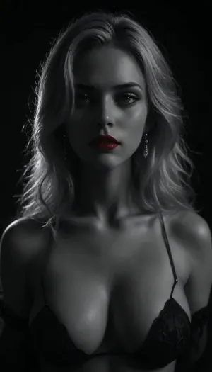 torso view, tall sexy Beautiful 18yo dark Snow Queen sexy cute sexy model, (silver hair), (ban haircut), show tits, white fur, heavy natural breast with decolte, (green eyes), (red lipstick), black background, Intricate Photography, A Masterpiece, 8k Resolution Artstation, Unreal Engine 5, Cgsociety, polished, extreme detailed, (monochrome:1.8), studio lighting, redscale photography, <lora:206223_training_data:1.8>, <lora:dark:.7>