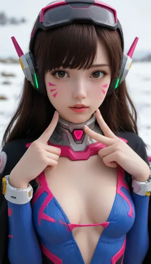 (reality photography, upper body, close-up viewer, focus on eyes:1.4), (slim body, slim waist, upper body is shorter, upper body photo), (性感機器人比基尼, JQZX girl's face likeness, upper body, close-up viewer, focus on eyes, D.Va ovewatch style bodysuit, Dva D.Va ovewatch style robot suit, D.Va ovewatch game:1.32), 性感機器人比基尼 girl's face likeness, (D.V4 0v3rw4tch, ovewatch, headset, futuristic, D.Va ovewatch game:1.38), (ovewatch style pilot suit), 科學小飛俠 girl jun style, Science Ninja Team Gatchaman's girl Jun style, cute kpop younger girl, outdoor, snow background, heavy snowing, (girl's outfit is D.V4 0v3rw4tchr or D.va ovewatch style), front light, bright light on face, beautiful sunlight, professional light and shadow effects, sexy body with large and wide wings on back, ultra wide and ultra large wings on back, (metallic luster style colorful string slingshot bikini, metallic luster and crystal style combat cyber suit outfit), sexy pose, squeeze breasts, show sexy cleavage and collarbone, close-up viewer, (JQZX girl's face likeness), large see-throuth style insect wings or crystal style wings, wings is more colorful and bigger and wide and complex, more compound and complex style wings, (girl naked body and no underware, wearing sexy leather bikini only, ultra thin and tiny style string thong), (ultra thin and tiny and string style thong bikini, deep Y type string thong, deep Y or V or X type string thong, ultra tiny size of bikini's thong), more chinese hanfu style element and accessories, chinese hanfu style combat accessories, (sexy see-throuth style combat cloak, ultra tiny size thong, ultra thin string style bikini's bottom, open cloak by wind), cute face with innocent eyes, large over-ear headphones accessories or combat helmet or wool helmet, wearing ultra tiny size of string thong, deep Y or V type thin string tiny thong, chinese hanfu style hairstyle, (long sleeves with see-throuth style), hands behind to the cloak or sleeves, high collar with leather style, boobs tights style sexy corset, more colorful or crystal style string bikini with combat accessories or silver chain accessories, sexy insect style cosplay with ultra large wings on back, cyber suit, 性感內衣, upper body is shorter, (deep Y type style ultra tiny size of thin string bikini bottom), scarf accessories, combat or snow or wool or lace style cloak, (long blunt bangs and long parted bangs hairstyle), looking at viewer with innocent eyes, open mouth and showing white front teeth, eyes with beauty make, cute D.Va ovewatch style pink make up on face, arms down, hands down, hands is hidden or behind back or combat gloves, neck accessories, bikini with more accessories, sexy and longer wool garter pantyhose, hair's ribbon is ultra wide and large, arms with wide belt, hair accessories, earrings accessories, shorter and slim body, string style tiny size of thin bikini with ultra wide wings on back