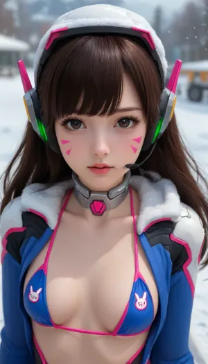 (reality photography, upper body, close-up viewer, focus on eyes:1.4), (slim body, slim waist, upper body is shorter, upper body photo), (性感機器人比基尼, JQZX girl's face likeness, upper body, close-up viewer, focus on eyes, D.Va ovewatch style bodysuit, Dva D.Va ovewatch style robot suit, D.Va ovewatch game:1.32), 性感機器人比基尼 girl's face likeness, (D.V4 0v3rw4tch, ovewatch, headset, futuristic, D.Va ovewatch game:1.38), (ovewatch style pilot suit), 科學小飛俠 girl jun style, Science Ninja Team Gatchaman's girl Jun style, cute kpop younger girl, outdoor, snow background, heavy snowing, (girl's outfit is D.V4 0v3rw4tchr or D.va ovewatch style), front light, bright light on face, beautiful sunlight, professional light and shadow effects, sexy body with large and wide wings on back, ultra wide and ultra large wings on back, (metallic luster style colorful string slingshot bikini, metallic luster and crystal style combat cyber suit outfit), sexy pose, squeeze breasts, show sexy cleavage and collarbone, close-up viewer, (JQZX girl's face likeness), large see-throuth style insect wings or crystal style wings, wings is more colorful and bigger and wide and complex, more compound and complex style wings, (girl naked body and no underware, wearing sexy leather bikini only, ultra thin and tiny style string thong), (ultra thin and tiny and string style thong bikini, deep Y type string thong, deep Y or V or X type string thong, ultra tiny size of bikini's thong), more chinese hanfu style element and accessories, chinese hanfu style combat accessories, (sexy see-throuth style combat cloak, ultra tiny size thong, ultra thin string style bikini's bottom, open cloak by wind), cute face with innocent eyes, large over-ear headphones accessories or combat helmet or wool helmet, wearing ultra tiny size of string thong, deep Y or V type thin string tiny thong, chinese hanfu style hairstyle, (long sleeves with see-throuth style), hands behind to the cloak or sleeves, high collar with leather style, boobs tights style sexy corset, more colorful or crystal style string bikini with combat accessories or silver chain accessories, sexy insect style cosplay with ultra large wings on back, cyber suit, 性感內衣, upper body is shorter, (deep Y type style ultra tiny size of thin string bikini bottom), scarf accessories, combat or snow or wool or lace style cloak, (long blunt bangs and long parted bangs hairstyle), looking at viewer with innocent eyes, open mouth and showing white front teeth, eyes with beauty make, cute D.Va ovewatch style pink make up on face, arms down, hands down, hands is hidden or behind back or combat gloves, neck accessories, bikini with more accessories, sexy and longer wool garter pantyhose, hair's ribbon is ultra wide and large, arms with wide belt, hair accessories, earrings accessories, shorter and slim body, string style tiny size of thin bikini with ultra wide wings on back