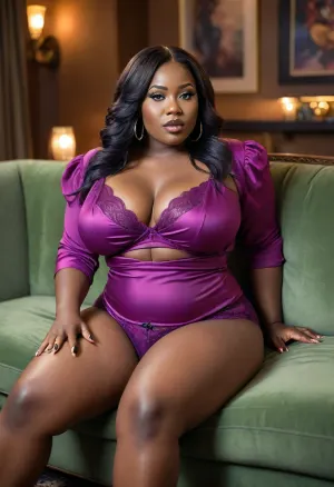 African, oversized bbw milf, oversized thick thighs. Straight hair. diva makeup. fully clothed lingerie. Relaxing on luxury couch, spreading legs. View from side.
