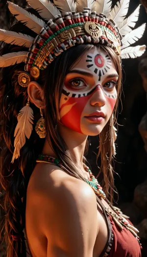 (old woman:.9), evil, muscular, Aztec, God. detailed large feather headdress, stone jewellery, glowing scifi elements, standing in a narrow cave passage, looking back at viewer, full face paint, tall detailed headdress, head turn, fire embers, dark art style, highly detailed, outfit portrait, 18+, ral-embrglt, <lora:ral-embrglt-sdxl:1.5>