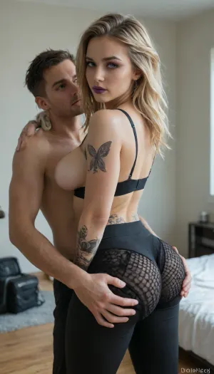 Goth girl with gigantic bubble butt, huge boobs, nipple piercing, arm tattoos, butterfly tattoo on her ass, long blonde hair, purple lipstick, 18 yr old, wearing fishnet, front camera, yoga pants, showing off ass, standing sex