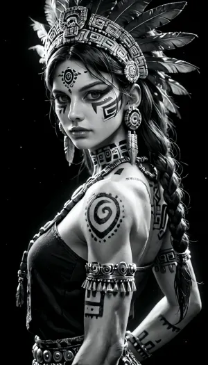 (old woman:1), evil, muscular, cyber, Aztec, God. detailed large black feathered headdress, black rags, glowing jewellery, cyber body paint, standing in a dark narrow cave passage, looking back at viewer, (detailed b&w face paint), (long black feathers:1), dark art style, highly detailed, headdress portrait., (black and white ratio:1.4), red neon glow, embers, grayeyes, perfecteyes, ral-embrglt, <lora:PerfectEyesXL:.5>, <lora:ral-embrglt-sdxl:.5>