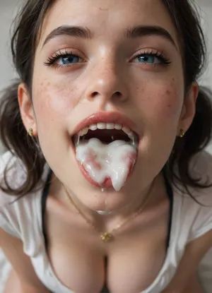 20yo fresh girl, skinny, on her knees, head up looking at the camera, (massive breast:1.2), (cleavage:1.3), black hair, pigtails, (freckles:1.2), (mouth full open:1.7), (smiling:1.3), (cum in mouth:1.8), cum drooling from the mouth, cum on lips, red lipstick, big golden ring earring, tight black leather necklace, deep blue eyes, white toptank, diamond nose piercing, bird's eye view