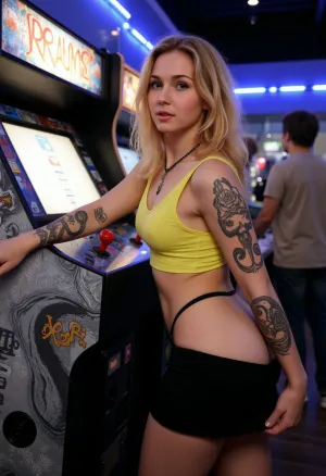mature goth woman in a video store, wearing yellow tank top, black miniskirt, no panties, bending over, (lifting her skirt:1.5), showing ass, (excessive tribal rose & skull tattoos all over), posing next to large scifi arcade game cabinet, golden wavy hair, surprised expression, looking at viewer, game arcade, arcade cabinets, game screens on lighting the area, customers in background, night, (blue store), (blue neon lighting), <lora:RealTattoos_Flux:2>