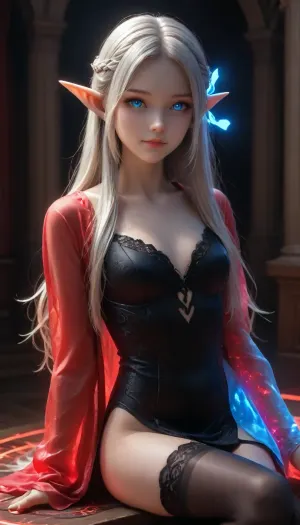 ((upper body)), best quality, masterpiece, a russian woman with, ((glowing white hair)), ((detailed pearly blue eyes)), high detail goddess soul, focus on character, alone, (style swirl magic), from the front, front view, looking at viewer, detailed face, ((glowing lighting magic circle theme)), perched on ledge, tight neon body, light flow, dark abyss wanderer abstract, ((simple glowing neon robe)), engraved with mystical runes, outdoor dystopian background, UHD 8K, extreme realism, High skin texture, photorealistic, maximum detail, Gothic girl, cute, charming girl, looking directly at the viewer, a light inviting smile, slender figure, (Elegant elf ears:1.5), beautiful elastic ass, sexy feminine hips, sexy legs, black sexy lace stockings, red glowing pupils, all in black+red shades, (Multicolour Ruby Rose Hairstyle, very long hair), black+red eyes, black+red makeup, black+red jewelry, black+red glowing background, multicolour glossy black+red, flat, chested, reij-bnysplsh, <lora:flat_chested_v3.5:1>, <lora:Fae_Armor_XL-000008:1>, <lora:EnvyZoomSliderXL01:2>, <lora:EnvyCuteSliderXL01:2>, <lora:ebonysplash-000005:.8>