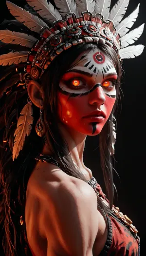 (old woman:1.1), evil, muscular, cyber, God. detailed large black feather headdress, black rags, glowing jewellery, glowing eyes, cyber body paint, standing in a dark narrow cave passage, looking back at viewer, (detailed b&w face paint), tall detailed headdress, fire embers, dark art style, highly detailed, outfit portrait., (((black and white ratio))), red neon glow, ral-embrglt, style, of, Aztec, <lora:ral-embrglt-sdxl:1.5>, <lora:tbh264-sdxl:1>