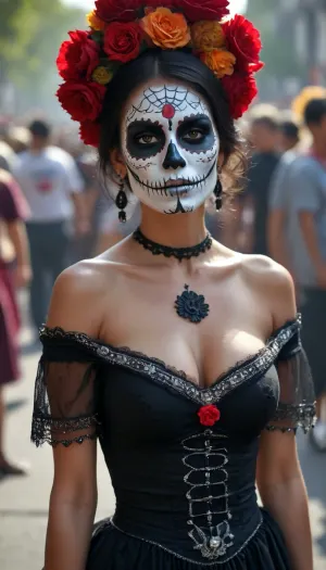 dia de los muertos, Mexican beauty with skull face paints, huge parade in Mexico City, Day of the Dead, traditional Mexican dress in black, cleavage, off shoulder dress, but, <lora:BUT_SDXL_SHS:.8>