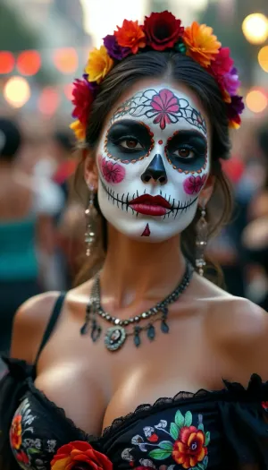 Long shot, dia de los muertos, Mexican beauty with skull face paints, huge parade in Mexico City, Day of the Dead, traditional Mexican dress in black, cleavage, off shoulder dress, but, large, breasts, big, boobs, huge, tits, <lora:BUT_SDXL_SHS:.8>, <lora:MJ52:.8>, <lora:bombshell_v2:.4>