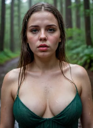 sensual 20 year old fat woman. she has fat big lips. round face. she is completely soaked. hair is soaked. dress is soaked. face is wet. raindrops on her skin. heavy rain in the forest