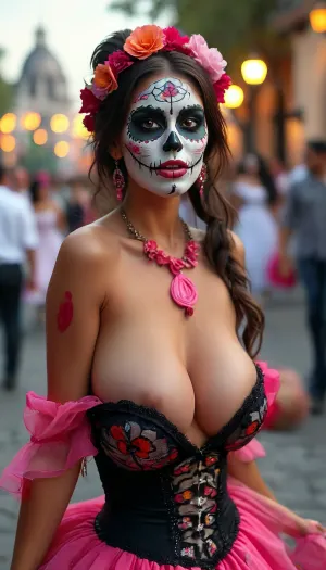 (tongue), (high heels), Long shot, full body image, (head to toe), spinning, twirling her dress, dancing, black high heels, smiling, ((long tongue)), dia de los muertos, Mexican beauty with skull face paints sticking out her very long pink tongue, huge parade in Mexico City, Day of the Dead, traditional Mexican dress in black, cleavage, off shoulder dress, but, large, breasts, big, boobs, huge, tits, <lora:BUT_SDXL_SHS:.8>, <lora:MJ52:.8>, <lora:bombshell_v2:.4>