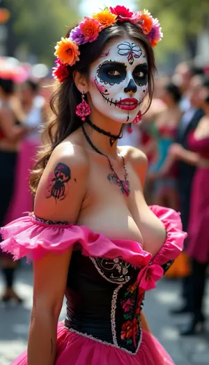 (tongue), (high heels), Long shot, full body image, (head to toe), spinning, twirling her dress, dancing, black high heels, smiling, ((long tongue)), dia de los muertos, Mexican beauty with skull face paints sticking out her very long pink tongue, huge parade in Mexico City, Day of the Dead, traditional Mexican dress in black, cleavage, off shoulder dress, but, large, breasts, big, boobs, huge, tits, <lora:BUT_SDXL_SHS:.8>, <lora:MJ52:.8>, <lora:bombshell_v2:.4>