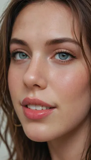 side view, one german woman, Extreme close up, detailed lips, 8k, intricate details, extreme detailed, focus on lips, gloss red lips, extreme close up, round face, thin lips, smiling, mouth closed