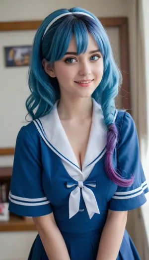 masterpiece, best quality, solo, curvy, beautiful eyes, large breasts, aged up, narrow waist, wide hips, 1girl, smile, looking at viewer, zzLazuli, blue eyes, hair between eyes, blue hair, gradient hair, hair bobbles, hair ornament, long hair, multicolored hair, two side up, school uniform, serafuku, sailor collar, blue skirt, pleated skirt, short sleeves, one hand raised, waving, standing pose, cowboy shot