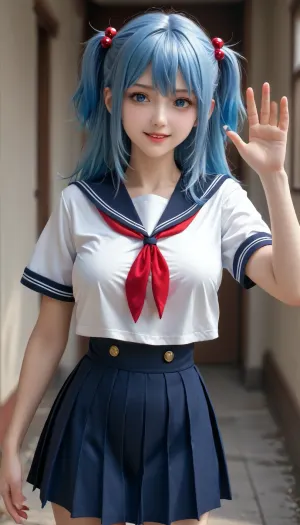 masterpiece, best quality, solo, curvy, beautiful eyes, large breasts, aged up, narrow waist, wide hips, 1girl, smile, looking at viewer, zzLazuli, blue eyes, hair between eyes, blue hair, gradient hair, hair bobbles, hair ornament, long hair, multicolored hair, two side up, school uniform, serafuku, sailor collar, blue skirt, pleated skirt, short sleeves, one hand raised, waving, standing pose, cowboy shot