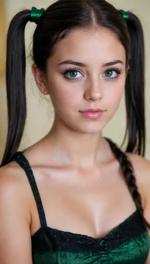 (full-length shot of a legal 18 years old cute virgin), black hair, pigtails, green eyes, black mascara