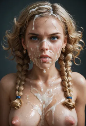 super close shot of bukkake, dynamic view from.diferent angles, disgusted expression, hd dark blue eyes and detailed iris, cumshots, facial portrait picture of her face in cum facial, with natural minimal makeup, a lot of thick runny wet Cum on her face, cum on her eyelashes, Cum on her eyelids, Cum on her cheek skin, her face wet with Cum, Cum on her lips. cum on hair, dripping cum, woman, cum, on, face, excessive cum between saggy pointy perky breasts and over puffy thick large nipples, (blonde marinette long curly hair in thick twin braids), <lora:JustCum:.9>, <lora:add-detail-xl:2>