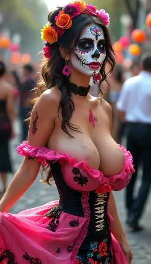 (tongue), (high heels), Long shot, full body image, (head to toe), spinning, twirling her dress, dancing, black high heels, smiling, ((long tongue)), dia de los muertos, Mexican beauty with skull face paints sticking out her very long pink tongue, huge parade in Mexico City, Day of the Dead, traditional Mexican dress in black, cleavage, off shoulder dress, but, large, breasts, big, boobs, huge, tits, <lora:BUT_SDXL_SHS:.8>, <lora:MJ52:.8>, <lora:bombshell_v2:.4>