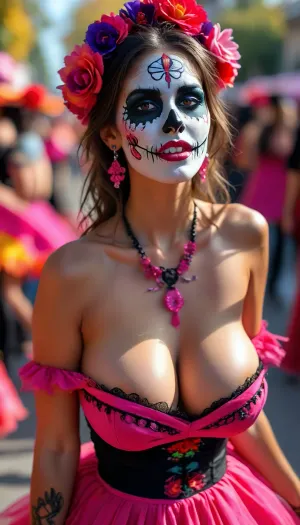 (tongue), (high heels), Long shot, full body image, (head to toe), spinning, twirling her dress, dancing, black high heels, smiling, ((long tongue)), dia de los muertos, Mexican beauty with skull face paints sticking out her very long pink tongue, huge parade in Mexico City, Day of the Dead, traditional Mexican dress in black, cleavage, off shoulder dress, but, large, breasts, big, boobs, huge, tits, <lora:BUT_SDXL_SHS:.8>, <lora:MJ52:.8>, <lora:bombshell_v2:.4>