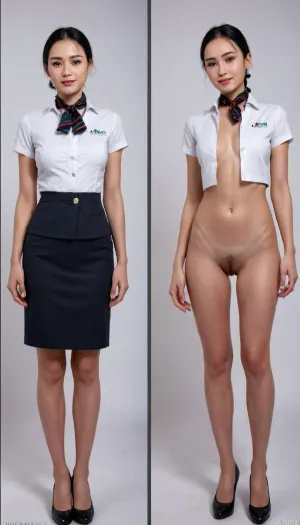 masterpiece, ultra-detailed, best quality, (photo-realistic, hyper-realism:1.2), clear image, detailed face, (full body shot), cute, pretty, 21years old, Chinese girl standing straight, (arms at sides, frontal body, wide stance:1.2), look at viewer, shameful embarrassed expression smile, black clean eyes, fully naked after, black flat heels, (chinese face:1.3), beautiful black hair, long buzz-cut, straight hair, slender body, (saggy breasts:.7), thin arms and legs, flushed face, (2split views, same_person, same long legs, same face, same size, same hight, same body_proportions, same_face, same_body, same_pose, same_angle:1.3), onoff, front view, detailXL, more detail XL, BREAK, (chinese stewardess suit before, (small scarf, white short sleeve shirt, small waistcoat, ID badge, pencile skirt to knee, black panties:1.3)), earrings, necklace, dancer hairstyle, stewardess hair style, hair bun, BREAK
simple light-blue and pink background, alitalia_woman_jacket, alitalia_woman_skirt, alitalia_woman_white_shirt_short_sleeves, alitalia_woman_white_shirt_long_sleeves, alitalia_woman_dress, alitalia_green_silk_scarf, alitalia_red_silk_scarf, alitalia_blue_silk_scarf, alitalia_wool_scarf, alitalia_apron, alitalia_woman_sweater, alitalia_woman_trenchcoat, alitalia_woman_pants, alitalia_id_card, alitalia_badge, flight, attendant, stewardess, steward, <lora:detailed_notrigger:1.2>, <lora:OnoffXL_ExtraCrispy:.8>, <lora:alitfina100Ep:.8>