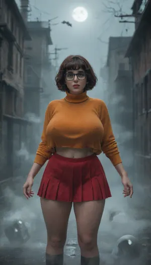 VELMA, huge breasts, fullview, (((terror, ghosts, fog))), .