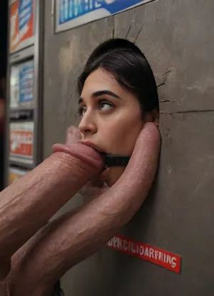 (glory wall:1.2), (bust and head sticking out hole with metal rim:1.3), (muslim turkish girl trapped in hole with metal rim:1.3), (dark green cashmere pullover:1.1), (wide mouth spreader ring gag:1.3), (from side), (leaning forward:1.2), (embarrassed, ashamed), (pleading expression), (vintage vending machine:1.3), (hole is close to floor), (score_9, score_8_up, score_7_up, UHD 8K, masterpiece, best quality, maximum details, natural light, extreme realism, cinematic still), (low mounted, close to floor:1.2), (she is stuck in a hole with metal rim in a public vending machine at night:1.3), (she stares at man stroking his big penis in front of her face:1.6), (arms restrained with iron rings to the wall:1.2), (shackles around wrists), (her long arms are tied against the wall, cuffs on wrists:1.7), <lora:Vending_machine_at_night:.8>