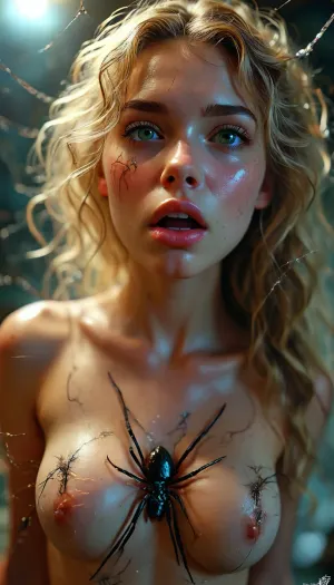 (((spiders in her mouth))), ((mouth full of spiders)), (((spiders crawling out of her open mouth))), (Spiders on her chest), (tarantulas), (Black widow spiders on her face), (brown recluse spider on her shoulders), (small spiders in her mouth), (dozens of spiders crawling out of her mouth), cobwebs, Long shot, full body image, (beautiful naked blonde woman caught in a giant spiderweb), curly hair, freckles, night, full moon, viewed from above, spooky atmosphere, large natural breasts, sagging breasts, (large spiders crawl over the body), eye contact with the viewer, smirk, smile skinny, slender, athletic, toned beautiful, young, (spiders in her open mouth), but, <lora:BUT_SDXL_SHS:.3>, <lora:MJ52:.5>, <lora:detailed_notrigger:.8>