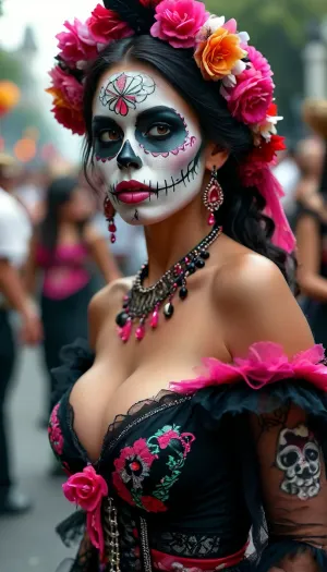 Long shot, full body image, dia de los muertos, Mexican beauty with skull face paints sticking out her very long pink tongue, huge parade in Mexico City, Day of the Dead, traditional Mexican dress in black, cleavage, off shoulder dress, but, large, breasts, big, boobs, huge, tits, <lora:BUT_SDXL_SHS:.8>, <lora:MJ52:.8>, <lora:bombshell_v2:.4>