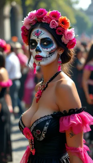 Long shot, full body image, dia de los muertos, Mexican beauty with skull face paints sticking out her very long pink tongue, huge parade in Mexico City, Day of the Dead, traditional Mexican dress in black, cleavage, off shoulder dress, but, large, breasts, big, boobs, huge, tits, <lora:BUT_SDXL_SHS:.8>, <lora:MJ52:.8>, <lora:bombshell_v2:.4>