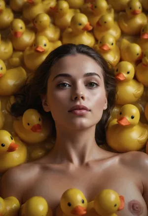 Beautiful nude woman laying on many yellow rubber ducks, detailed face, detailed arms, realistic anatomy