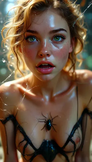 (((spiders in her mouth))), (((spiders crawling out of her open mouth))), (Spiders on her chest), (tarantulas), (Black widow spiders on her face), (brown recluse spider on her shoulders), (small spiders in her mouth), (dozens of spiders crawling out of her mouth), cobwebs, Long shot, full body image, (beautiful naked blonde woman caught in a giant spiderweb), curly hair, freckles, night, full moon, viewed from above, spooky atmosphere, large natural breasts, sagging breasts, (large spiders crawl over the body), eye contact with the viewer, smirk, smile skinny, slender, athletic, toned beautiful, young, (spiders in her open mouth), but, <lora:BUT_SDXL_SHS:.3>, <lora:MJ52:.5>, <lora:detailed_notrigger:.8>