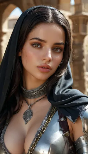Extremely beautiful middle eastern medieval female knight, black braided hair, (wearing Middle Eastern medieval chainmail and dark robe), detailed eyes, wide eyes, random view angle, action pose, realistic detailed face, realistic detailed hair, realistic detailed body, realistic detailed skin, realistic detailed natural breasts, realistic detailed hairy pussy, (High, Resolution), (More, Details), (8K), 4ng3l, face, detailxl, <lora:add-detail-xl:1.5>, <lora:style_lora_realis:.5>, <lora:checkpoint-e100_s400:1.3>, <lora:SDXL_BetterFaces-LoRA_v1:1>
