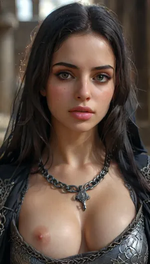 Extremely beautiful middle eastern medieval female knight, black braided hair, (wearing Middle Eastern medieval chainmail and dark robe), detailed eyes, round eyes, random view angle, action pose, realistic detailed face, realistic detailed hair, realistic detailed body, realistic detailed skin, realistic detailed natural breasts, realistic detailed hairy pussy, (High, Resolution), (More, Details), (8K), 4ng3l, face, detailxl, <lora:add-detail-xl:1.5>, <lora:style_lora_realis:.5>, <lora:checkpoint-e100_s400:1.3>, <lora:SDXL_BetterFaces-LoRA_v1:1>