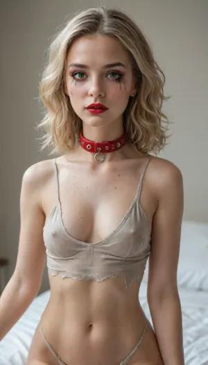 18 year old model in very dirty clothes, back arched, chained to the bedpost, blonde hair, green eyes, medium breasts, red lipstick, smeared gothic makeup, skinny hips, cute boyish face, wearing a collar and chain, front view from top