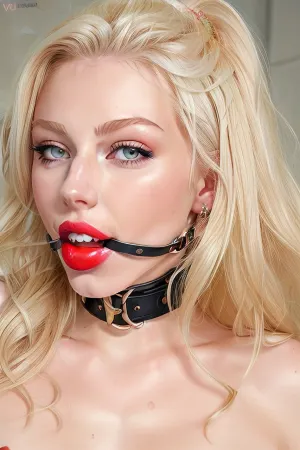 beautiful girl 19 years old with blonde hair, 19 years olg, face beauty and cute, orgasm face, ballgag, gagged, gag, saliva drooling, red vivid lipstick, red lips, cum on her face, cum on her hair, cum on her lips, <lora:Ballgag:.5>