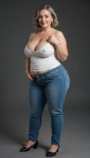 The image depicts a obese, bbw, mature woman, 60 years old, milf, full body view portrait, against a solid black background.
Body and Figure, The bbw woman has a curvaceous and full figure. Her shoulders appear broad, and her arms are chubby. Her waist is cinched, emphasizing the width of her hips and thighs, which are generously proportioned, giving her an hourglass or pear-shaped silhouette.
Breasts, She has a very full bust, with her saggy breasts appearing large and prominent, pushing against the fabric of her top. Her nipples are hard.
Clothes, She is wearing a simple white sleeveless top with spaghetti straps, white camisole. The top is form-fitting, highlighting her bust. Below the top, she is wearing a pair of highwaist blue jeans. The jeans are high-waisted and snug, conforming to her big hips and thighs, with a fupa. On her left wrist, a silver-toned watch with a metal band is visible. She is wearing a diamond wedding ring on her left hand ring finger.
Face and Features, Her face is presented frontally, with a big smile. She has dark hair, styled in a bob or shoulder-length cut, parted on the side, and appearing to have some gray highlights. Her eyes are light-colored, possibly blue or grey, and there is visible makeup around them, including eyeliner and mascara. Her eyebrows are well-defined and dark. Her nose is of average size, and her lips are full and colored with what appears to be a natural or light pink lipstick. Despite the stated age of 60, her skin appears with visible wrinkles. There's a dimple visible on her right cheek.