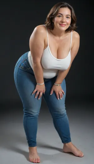 The image depicts a obese, (bbw:1.3), mature woman, (mature:1.3), 60 years old, milf, full body view portrait, against a solid black background. Leaning forward.
Body and Figure, The bbw woman has a curvaceous and full figure. Her shoulders appear broad, and her arms are chubby. Her waist is cinched, emphasizing the width of her hips and thighs, which are generously proportioned, giving her an hourglass or pear-shaped silhouette.
Breasts, She has a very full bust, with her saggy breasts appearing large and prominent, pushing against the fabric of her top. Her nipples are hard., (FUPA:1.3), Clothes, She is wearing a simple white sleeveless top with spaghetti straps, white camisole. The top is form-fitting, highlighting her bust. Below the top, she is wearing a pair of highwaist blue jeans. The jeans are high-waisted and snug, conforming to her big hips and thighs, with a fupa. On her left wrist, a silver-toned watch with a metal band is visible. She is wearing a diamond wedding ring on her left hand ring finger.
Face and Features, Her face is presented frontally, with a big smile. She has dark hair, styled in a bob or shoulder-length cut, parted on the side, and appearing to have some brown highlights. Her eyes are light-colored, possibly blue or grey, and there is visible makeup around them, including eyeliner and mascara. Her eyebrows are well-defined and dark. Her nose is of average size, and her lips are full and colored with what appears to be a natural or light pink lipstick. Despite the stated age of 60, her skin has visible wrinkles. There's a dimple visible on her right cheek.
