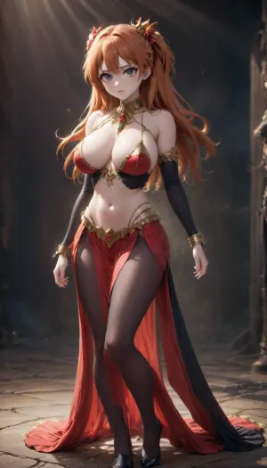 Asuka Langley, black transformer body, devil vampire skin, dancer outfit, big breasts