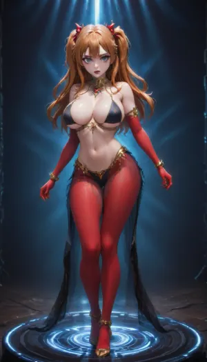 Asuka Langley, black transformer body, devil vampire skin, dancer outfit, big breasts