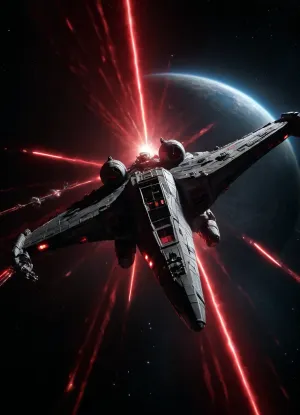 In the Galaxy far far Away, (Star Wars), in Space, Bright Stars Background, Millenium Falcon, (Flighting Effects, Speed Effects, Red Lasers Shots), Side View from Above, <lora:dark:.5>