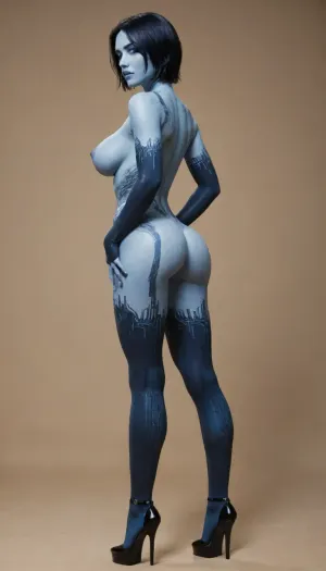 blue skin, blue hair, Cortana from Halo, Cortana robotized, robot Cortana, all shiny Cortana, big breasts, all of her body is shiny metallic, having naked pussy who squirting, very high platform heels, sultry look, in one shoe, without shoes, in high heels, barefoot, swollen anus, leaking pussy, very long legs, narrow hips, narrow calves, swollen labia, upset mind, trembling, a scared expression on her face, gloves pulled up to her elbows, garter, standing, full body view, side view, rear view, shows ass