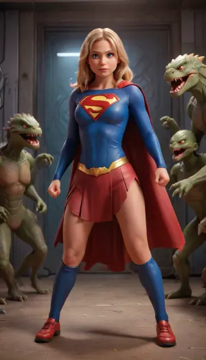 Supergirl is in a fighting stance as she is surrounded by reptilian looking aliens with vicious fangs and claws, full body in view, <lora:SDXL_BetterFaces-LoRA_v1:.8>, cartoon, room, <lora:cartoon_room:.8>, <lora:3D_Animation_Style-000009:.8>, <lora:flashpan:.8>