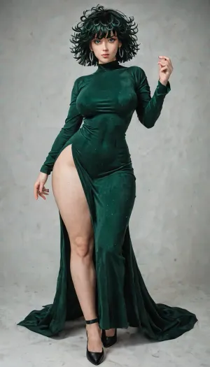 Fubuki from One punch man, cosplay costume Fubuki from One punch man, Full body view, green dress, wide hips, thick thighs