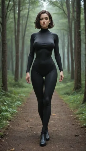 dark short hair, beautiful 18 year old girl, sexy expression, (black tight bodysuit, tight, cameltoe, thigh gap), curvy hips, large breasts, best quality, ultra-detailed, masterpiece, finely detail, highres, 8k wallpaper, eye contact, full body facing camera, slim waist, (dark scary forest)